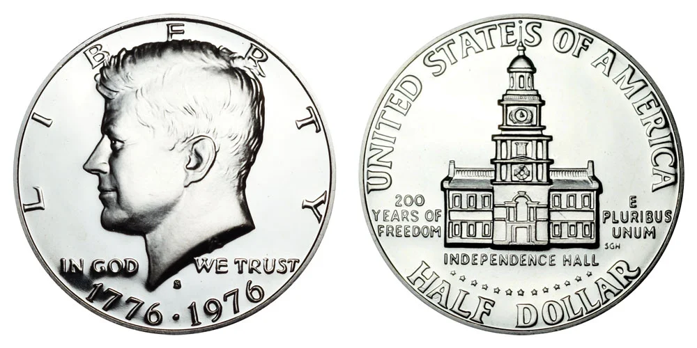 1976 Bicentennial Kennedy half dollar obverse with dual date 1776-1976 and reverse showing Independence Hall
