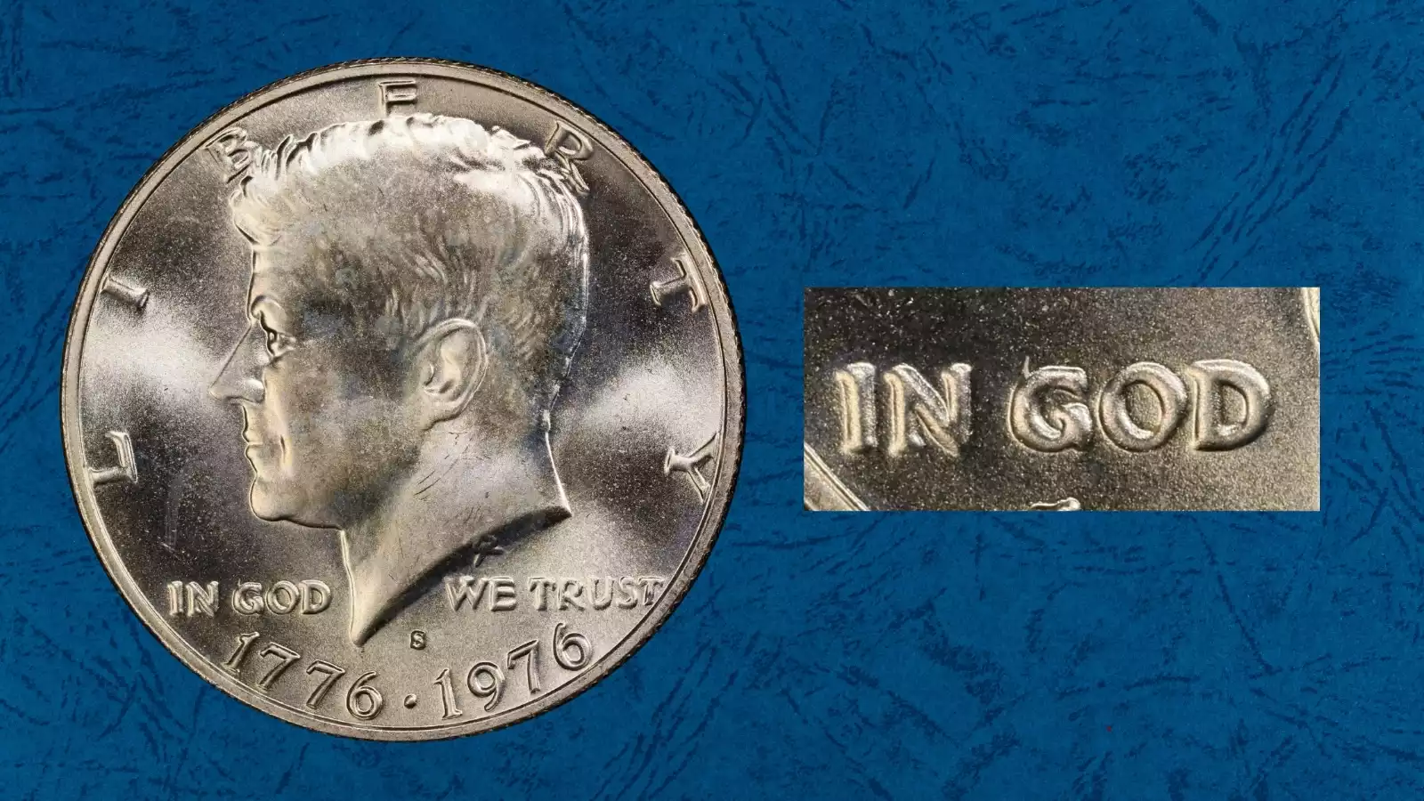 1976-S silver Kennedy half dollar DDO FS-101 doubled die obverse showing doubling in IN GOD WE TRUST