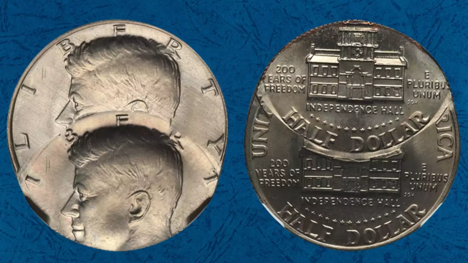 1976 Kennedy half dollar double strike error in PCGS holder showing two overlapping design impressions