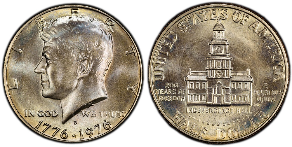 1976 Kennedy half dollar grading strip showing four condition tiers from circulated to gem uncirculated